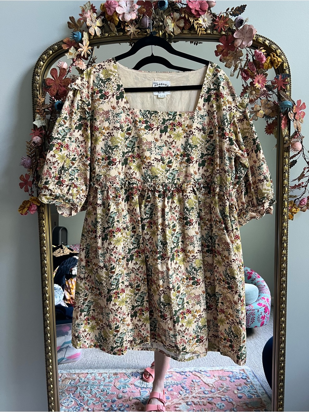 Floral Square-Neck Mini Dress in Cream